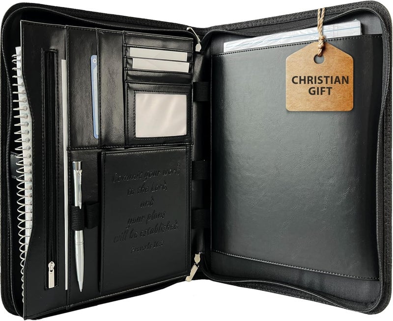 DEHITE Leather Portfolio for Men and Women - Christian Religious Gifts - Padfolio with Laptop Pocket - Letter Size Organizer for Bible Notebook Notepad - Black Full Grain Zipper Binder - Image 1